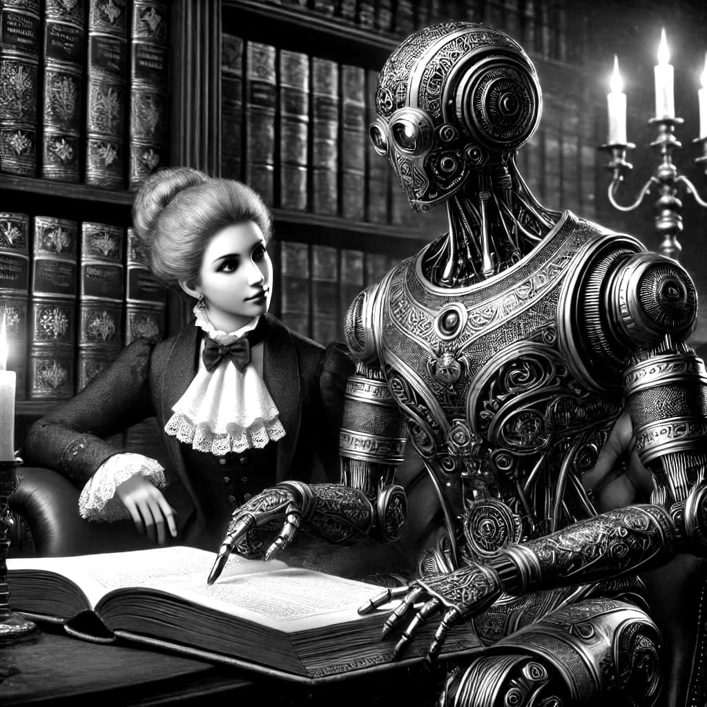 A Victorian-style illustration of a humanoid robot and a human sitting together in an ornate library, collaborating over a document.