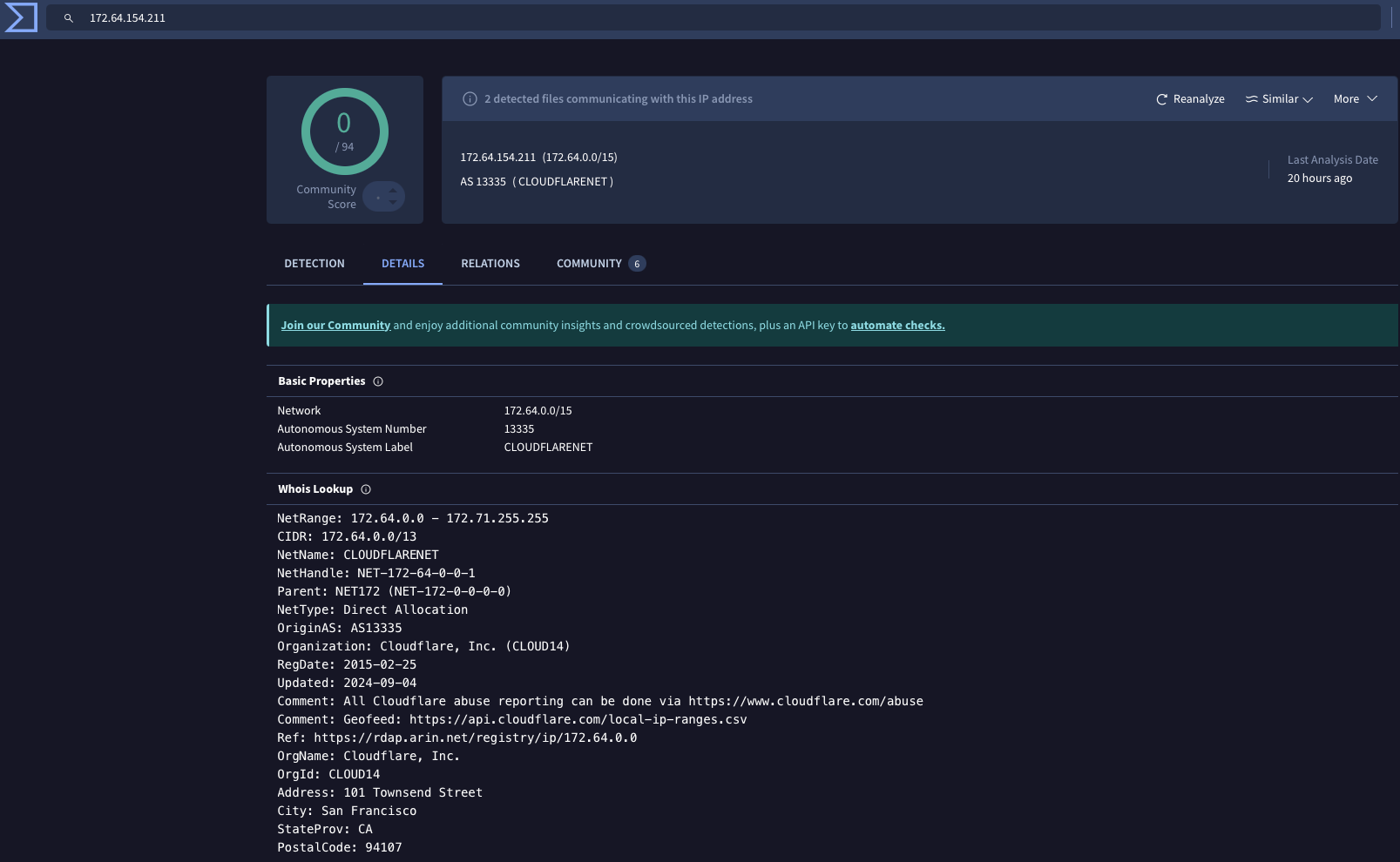 VirusTotal IP enrichment view showing security vendor analysis and related entities.