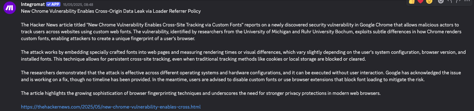 Example summary notification delivered to Discord showing a formatted cyber security news summary.