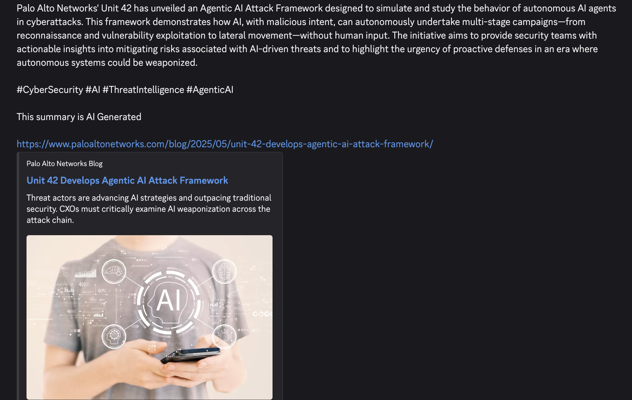 Example of a generated post delivered to Discord for review before publishing.