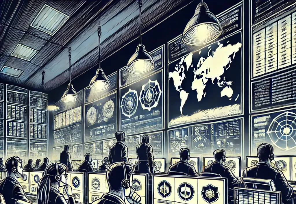 A monochromatic comic-style illustration of a security team in a SOC monitoring multiple computer screens.